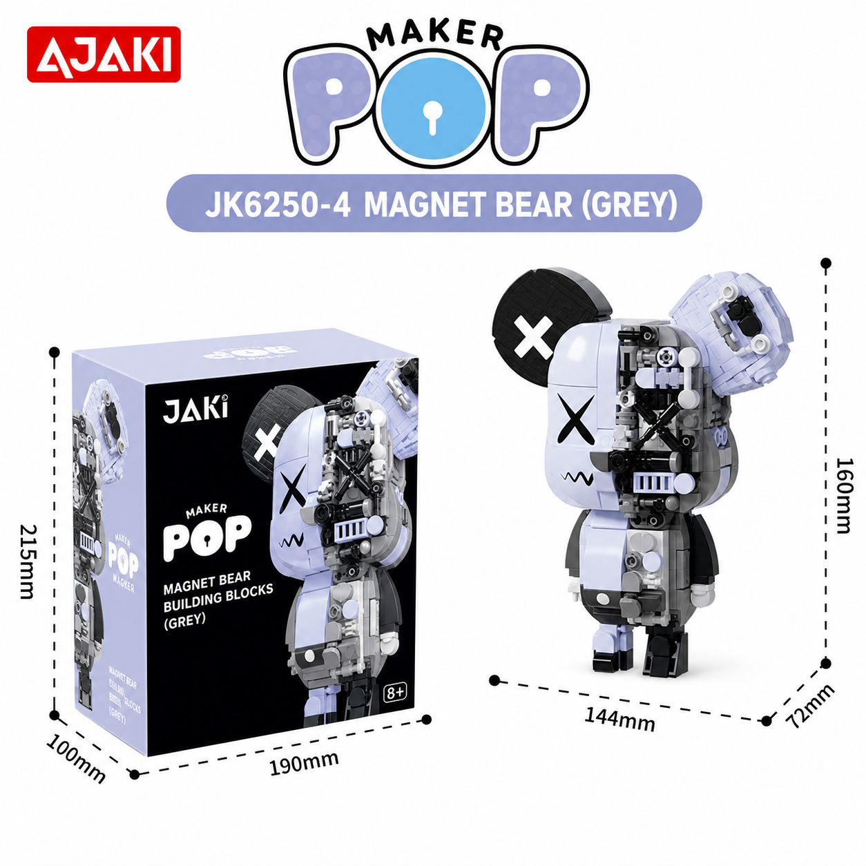 Maker Pop Magnet Bear toy with packaging and dimensions on a white background